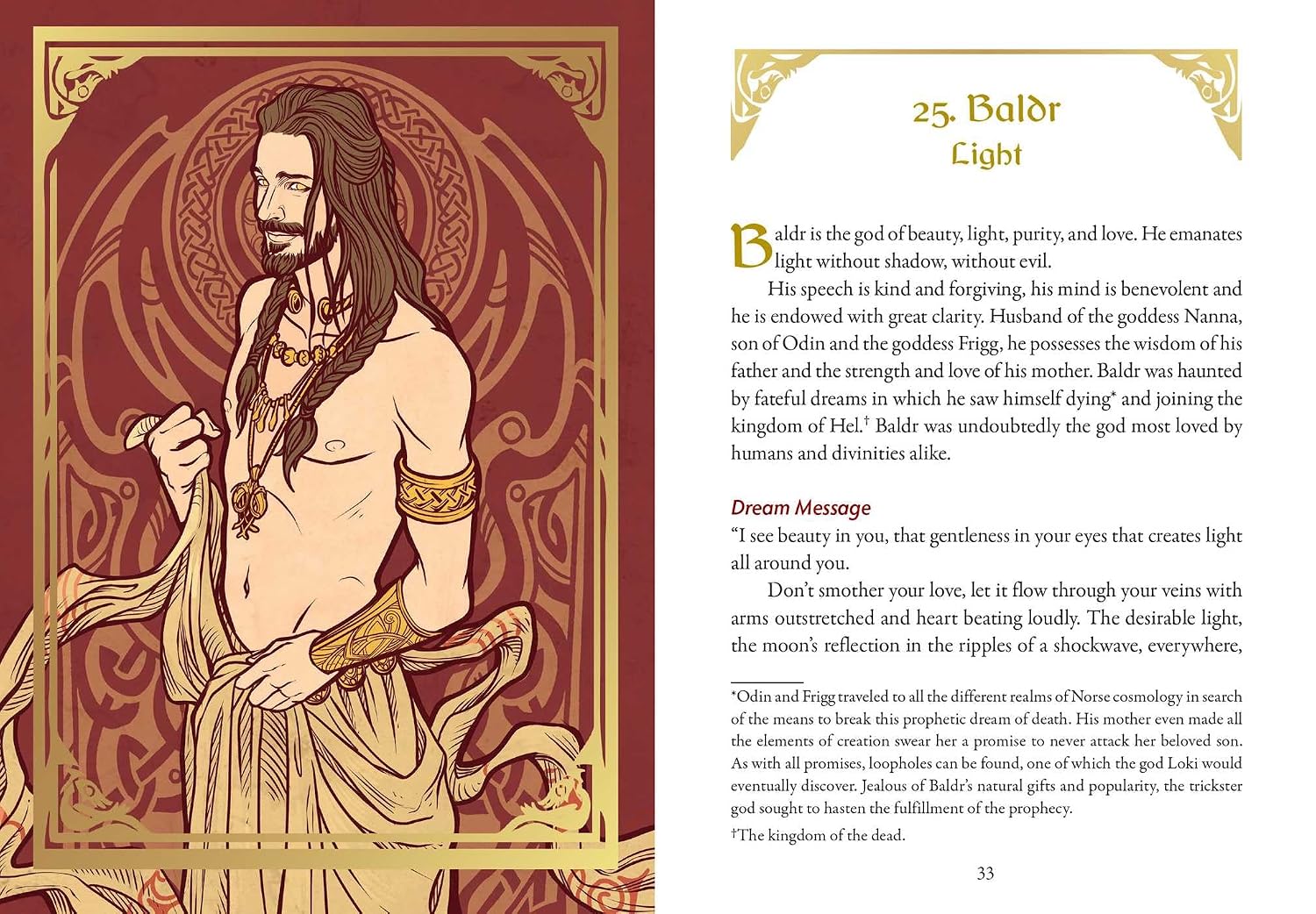 An open book spread showing a vintage-style illustration on the left page of a woman in a red dress with a glowing lantern, and text on the right page headed '25. Baldr Light' with paragraphs and a quote.