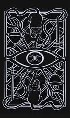 Black and white illustration of a panther, coffee cup, eye with spider, and mushrooms on a black background.