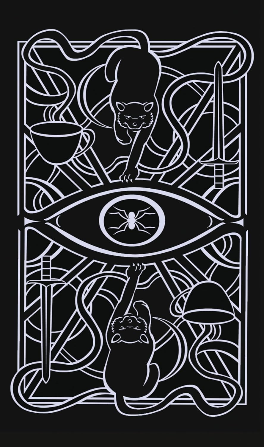 Black and white illustration of a panther, coffee cup, eye with spider, and mushrooms on a black background.
