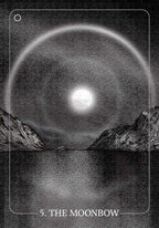 Black and white illustration of a moonbow over a mountain landscape with '5. The Moonbow' text.