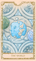 Tarot card titled 'The World' with a blue and green design.