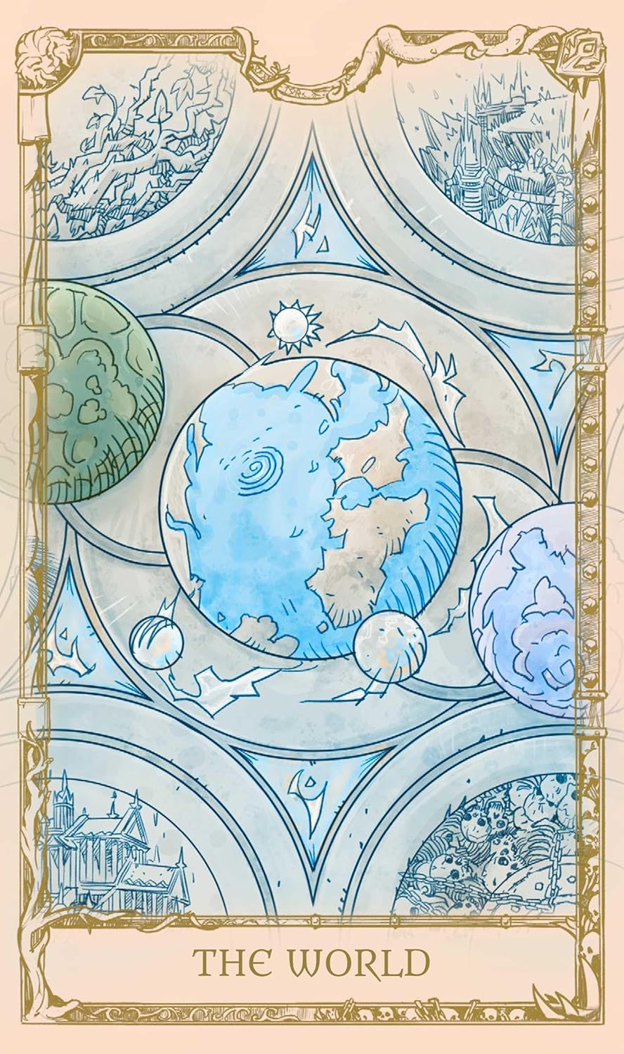 Tarot card titled 'The World' with a blue and green design.