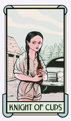 Illustration of a character holding a bottle with 'Knight of Cups' text at the bottom.
