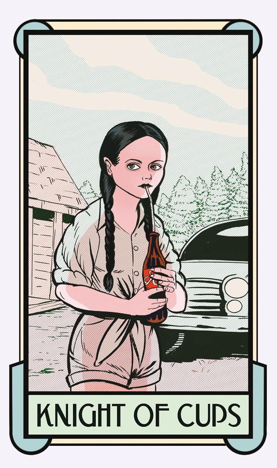 Illustration of a character holding a bottle with 'Knight of Cups' text at the bottom.
