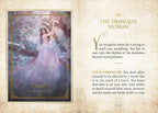 A printed page or card design with a framed artwork on the left showing a woman in a flowing pale pink gown standing in a tree, and text on the right titled 'THE TRANQUIL WOMAN' with descriptive copy. The page has a warm beige background with decorative border details.