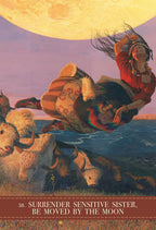 Illustration of a person flying over animals with a large moon in the sky, featuring text at the bottom.