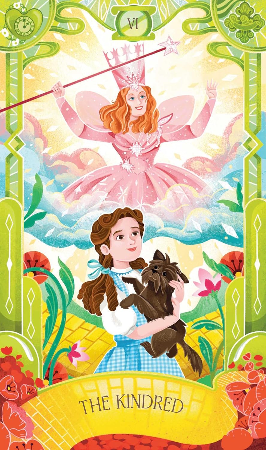 Illustration of a fairy in a pink dress with a wand, Dorothy in a blue dress holding a dog, and a green border with flowers.