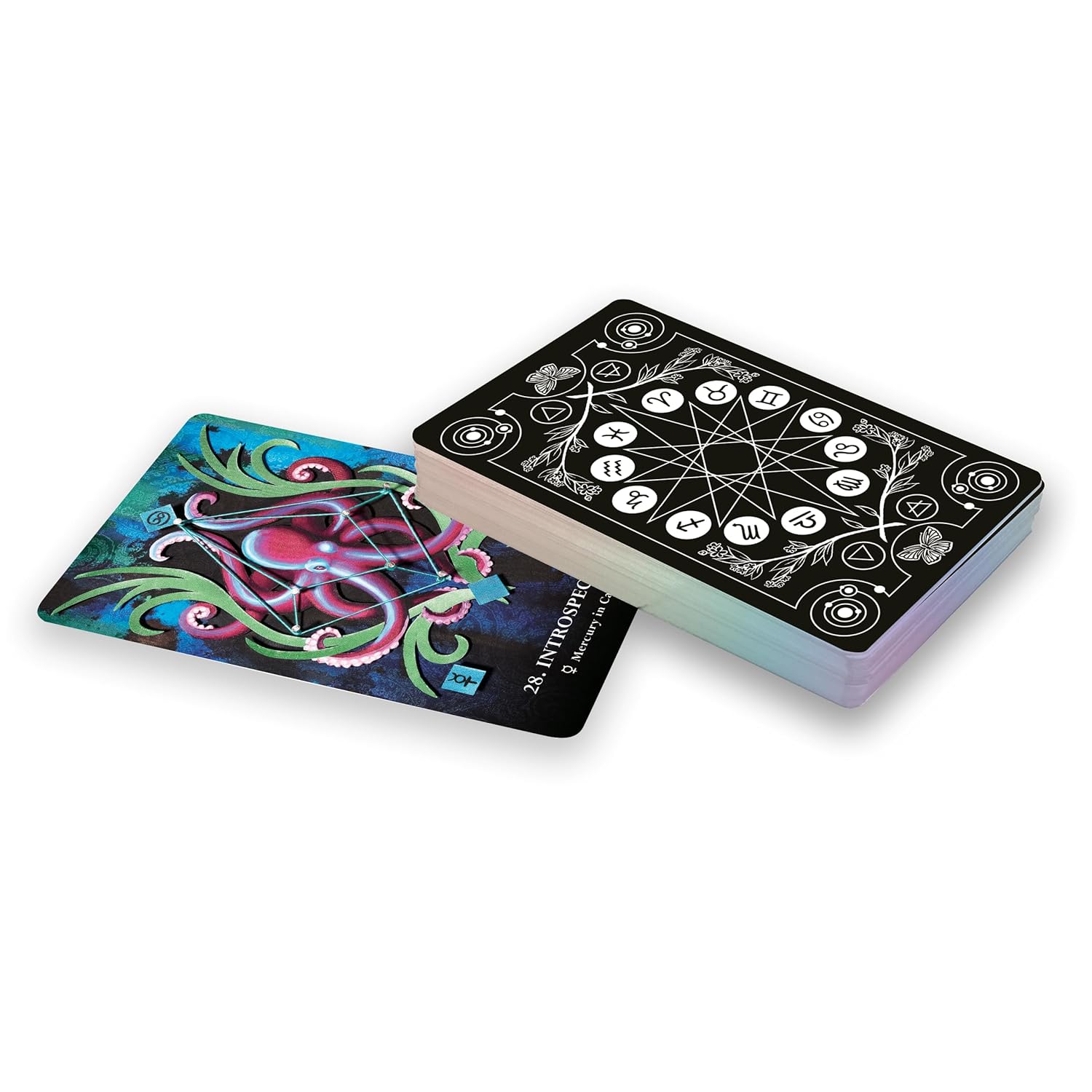 Two tarot cards, one with colorful design and the other with astrological symbols, on a white background.