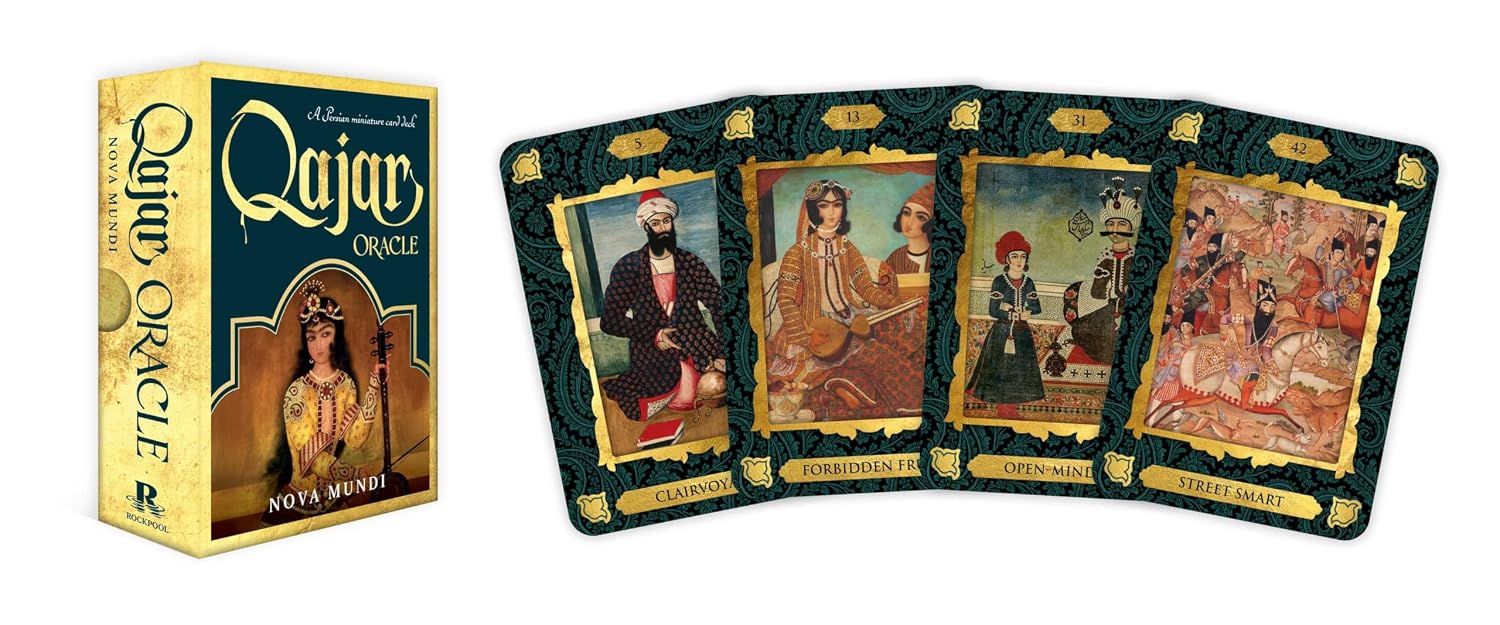 The Qajar Oracle deck box and four illustrated oracle cards displayed side by side on a plain white background.