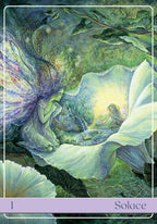 Fairy in a lush green forest with 'Solace' text at the bottom.