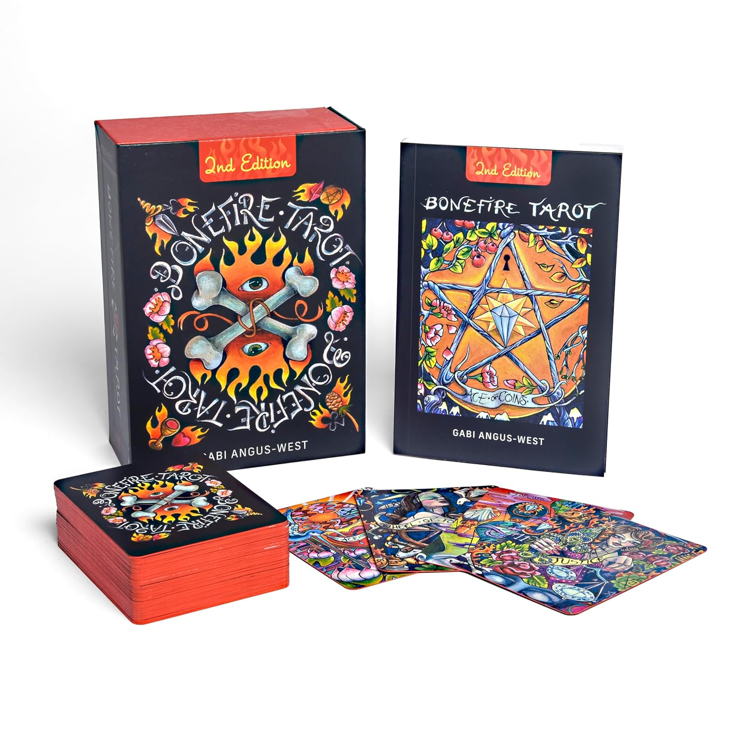 Bovinefire Tarot cards with colorful designs and a box on a white background