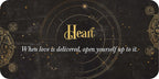 Decorative card with 'Heart' text and astrological symbols on a dark background