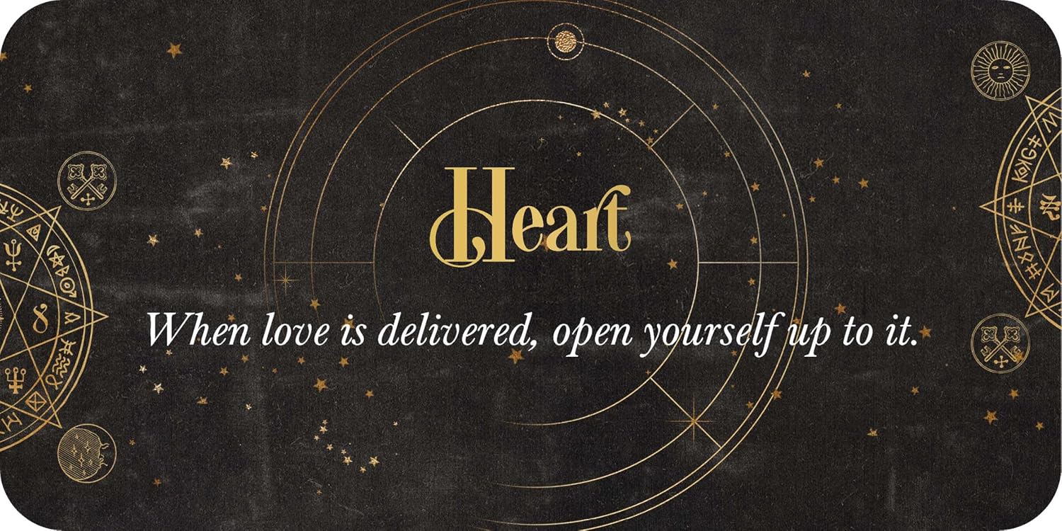 Decorative card with 'Heart' text and astrological symbols on a dark background