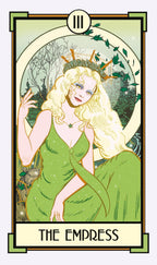 Tarot card featuring 'The Empress' with a woman in a green dress and forest background.