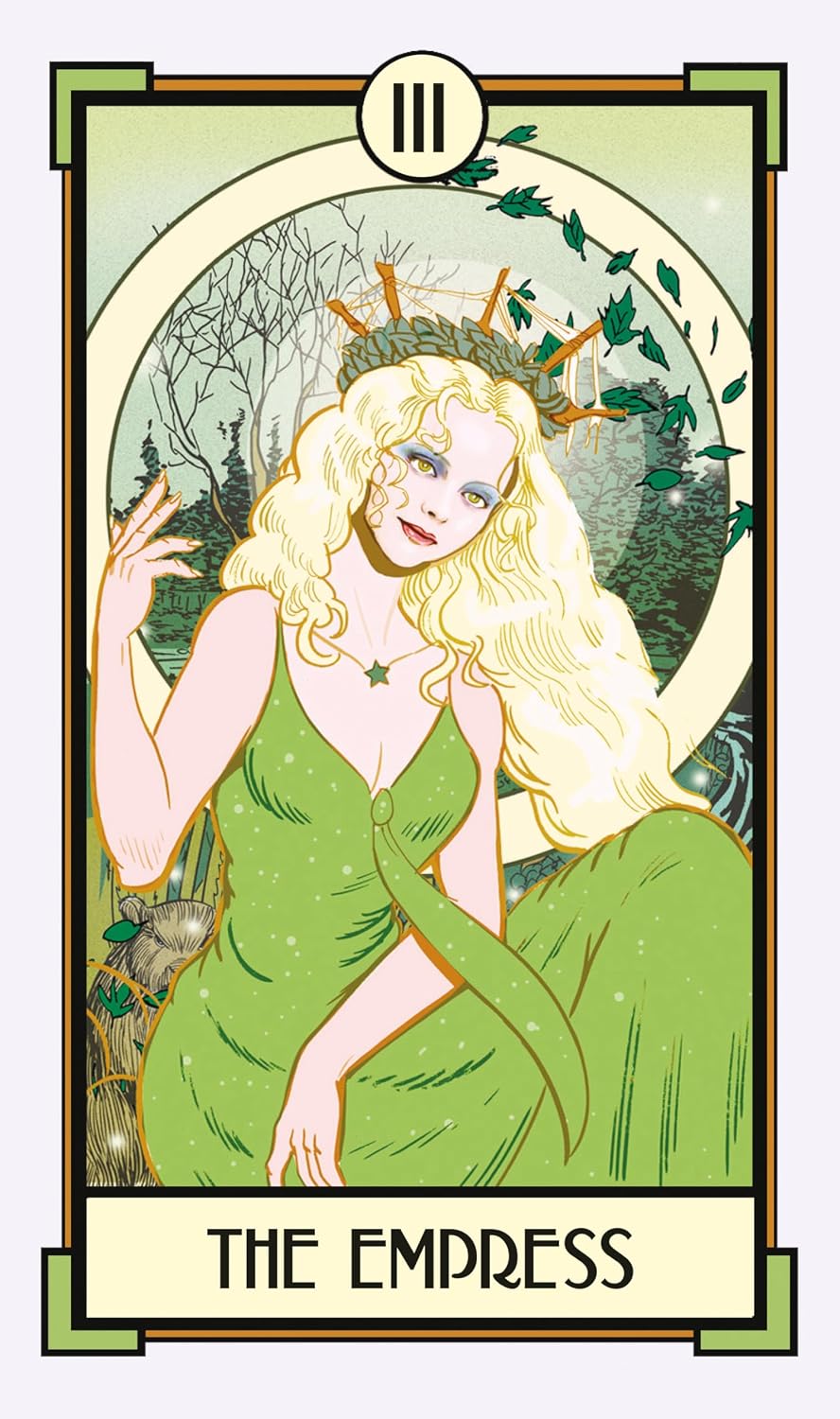 Tarot card featuring 'The Empress' with a woman in a green dress and forest background.