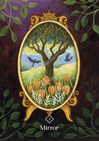 Decorative mirror with a tree and tulips design on a dark background