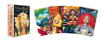 Venus Rising Oracle card deck box and several illustrated cards displayed side by side on a white background. The artwork features vibrant, psychedelic portraits with red hair, gold faces, and colorful cosmic backgrounds.