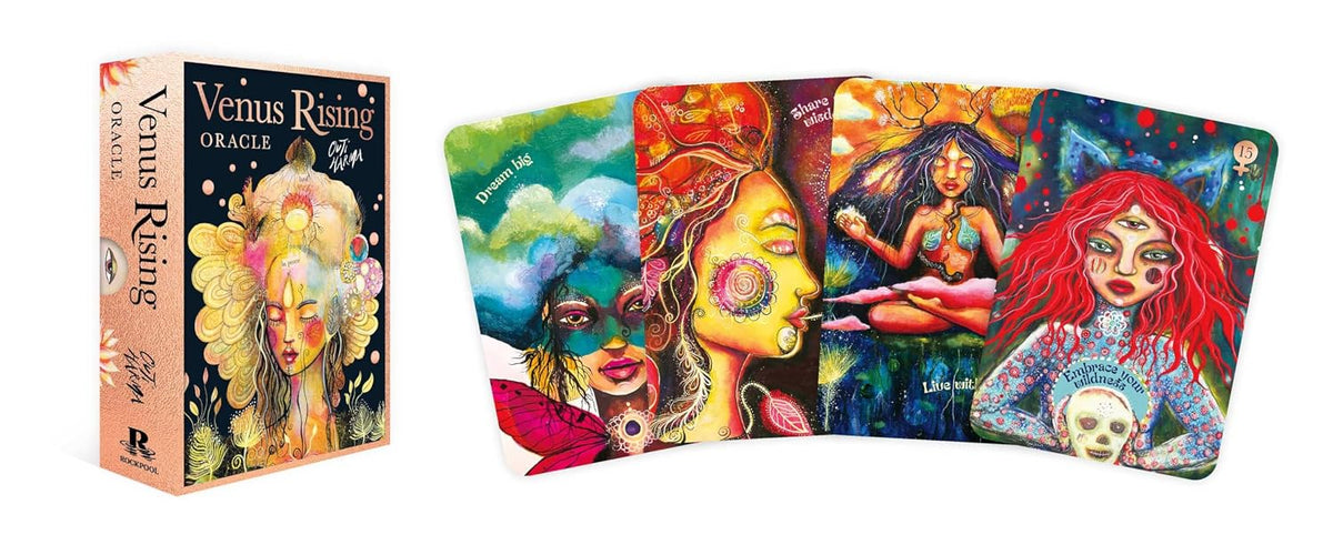 Venus Rising Oracle card deck box and several illustrated cards displayed side by side on a white background. The artwork features vibrant, psychedelic portraits with red hair, gold faces, and colorful cosmic backgrounds.