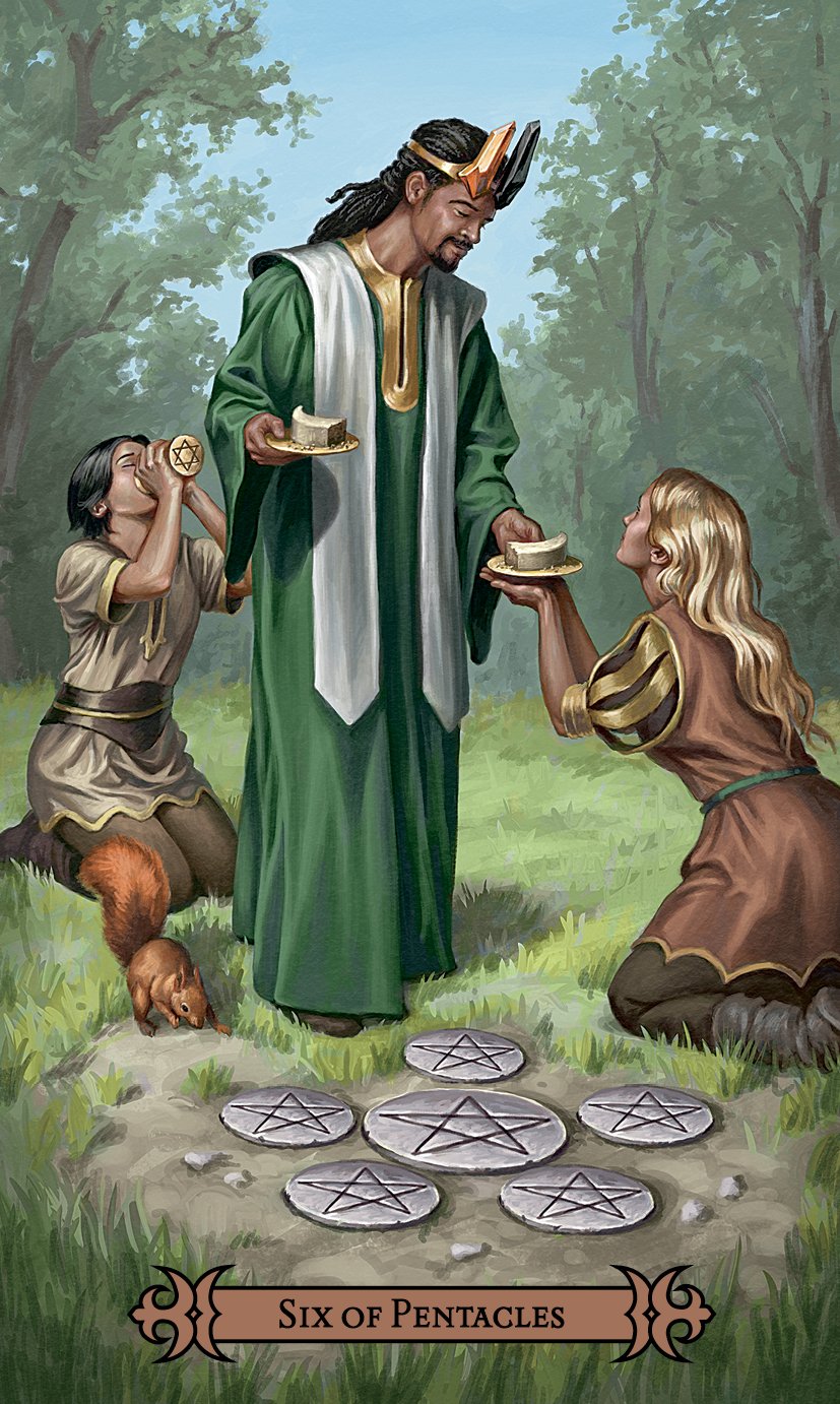 Card from a tarot deck showing a man in a green robe with two children in a forest setting, featuring pentacle symbols.