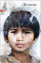 Artistic depiction of a young person with text 'The Survivor' on a textured background