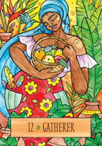 Colorful illustration of a woman holding a basket of fruit with tropical plants and birds in the background, labeled '12 Gatherer'.