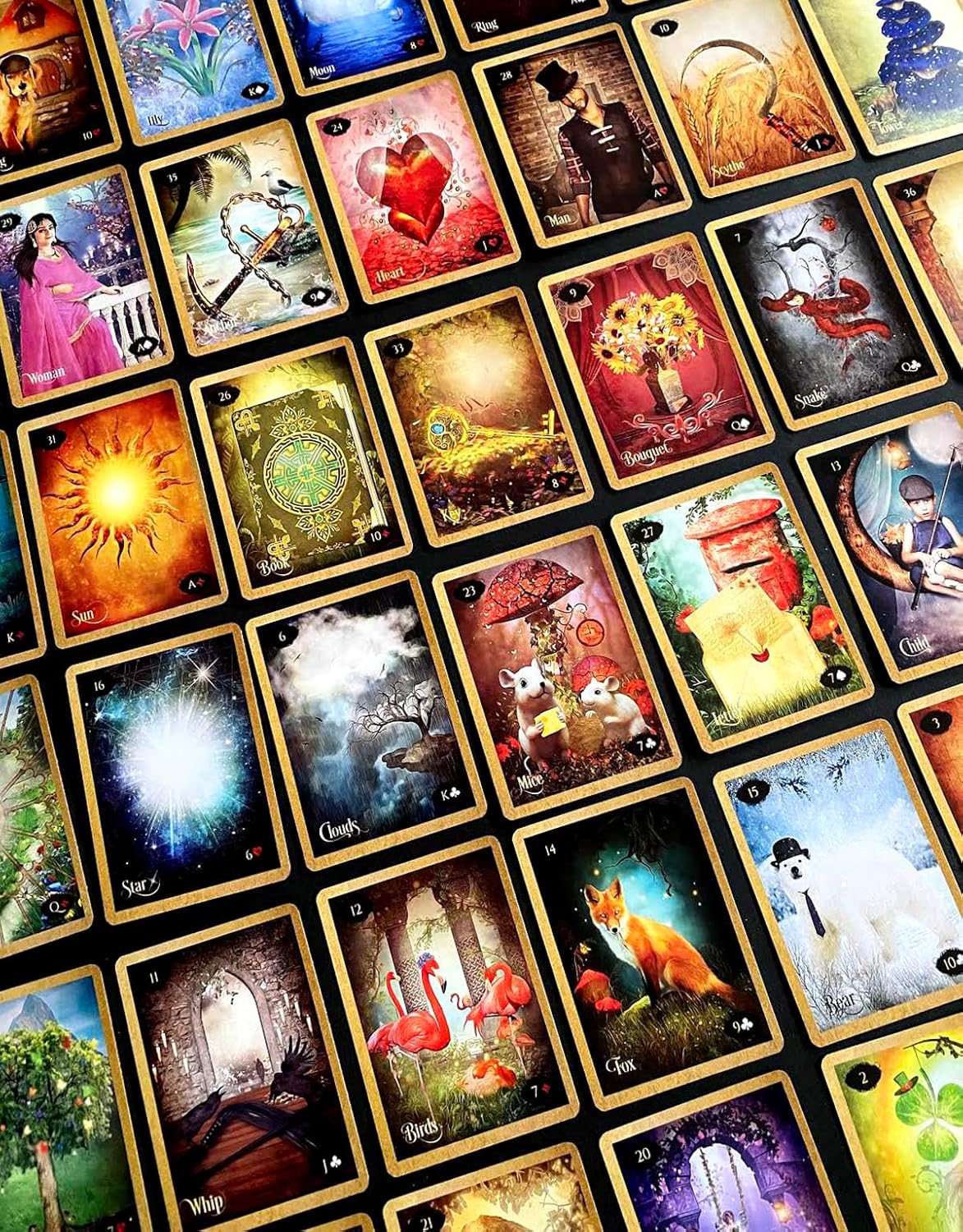 Collection of colorful tarot cards with various designs and illustrations.