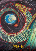 Colorful illustration of a dragon-like creature with a world inside, labeled 'World'.