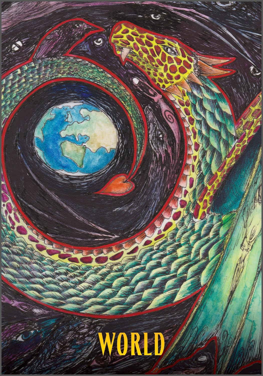 Colorful illustration of a dragon-like creature with a world inside, labeled 'World'.