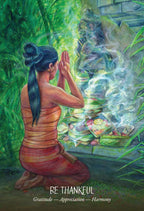 Artistic depiction of a person in traditional attire kneeling in front of an altar with offerings, surrounded by greenery.