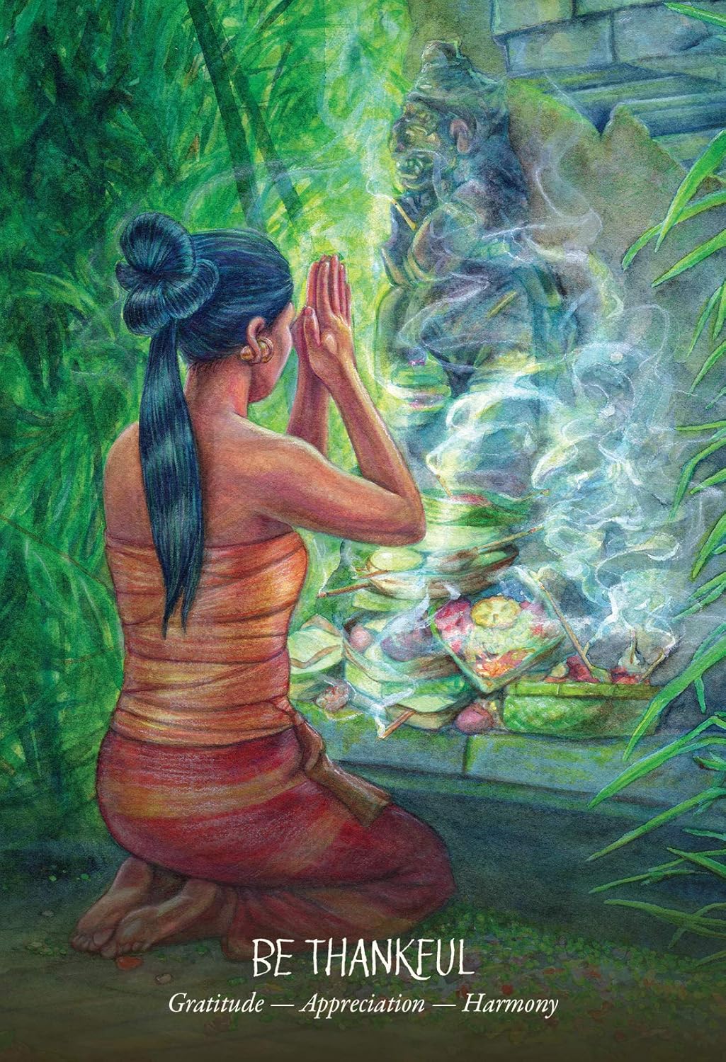 Artistic depiction of a person in traditional attire kneeling in front of an altar with offerings, surrounded by greenery.