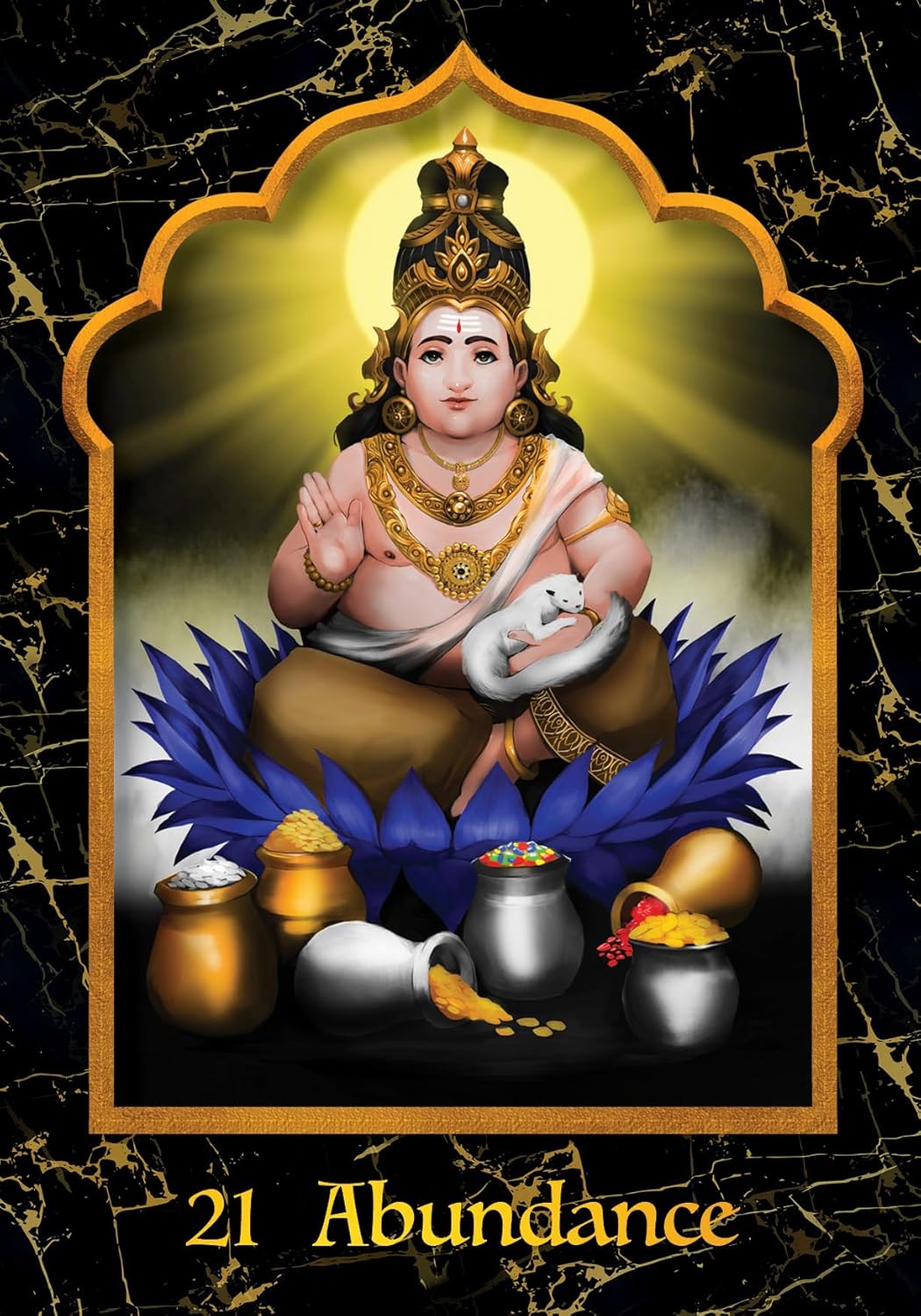 God of wealth with offerings on a black marble background
