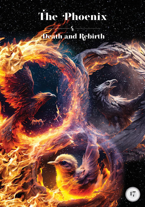 Illustration of a phoenix with flames and text 'The Phoenix & Death and Rebirth' on a dark background.