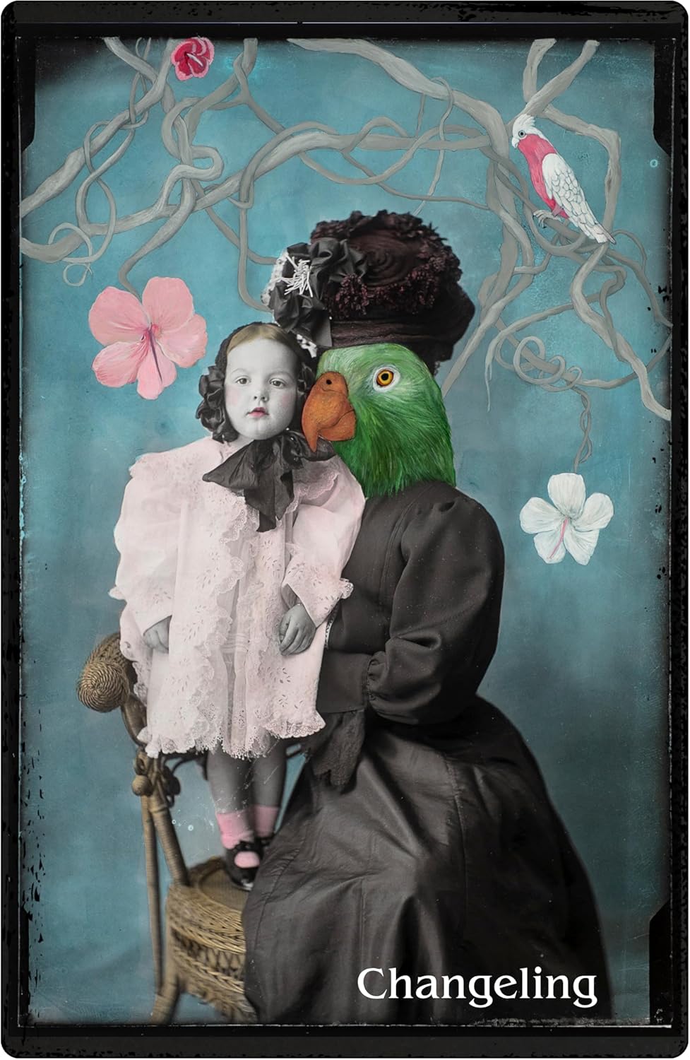 Collage art featuring a woman, child, and parrot with floral and branch background, titled 'Changeling'.