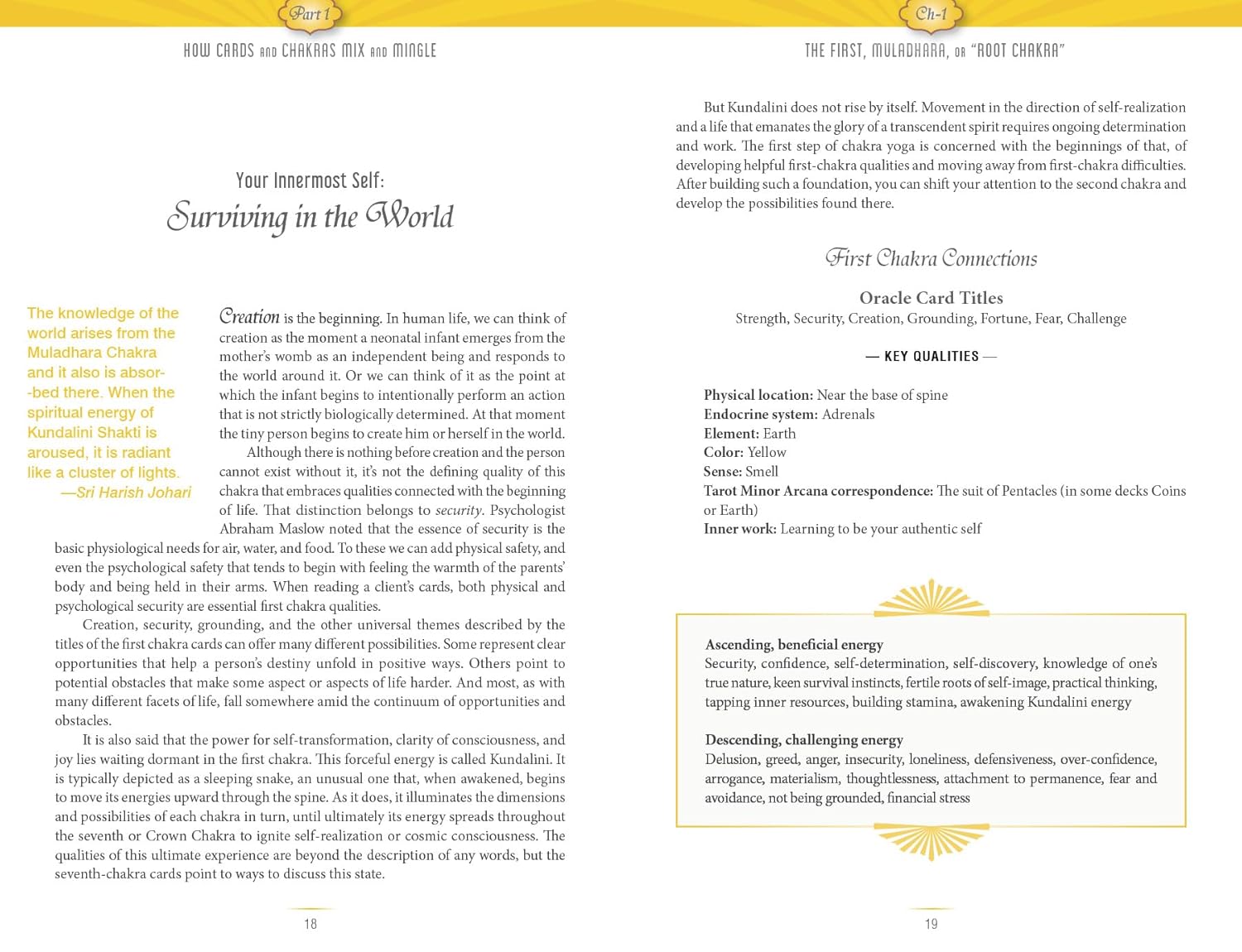 Book page with text and Oracle card titles on a yellow background