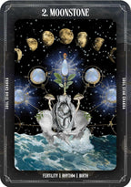 Card featuring moon phases and a central moonstone, with astrological symbols and a mystical design.