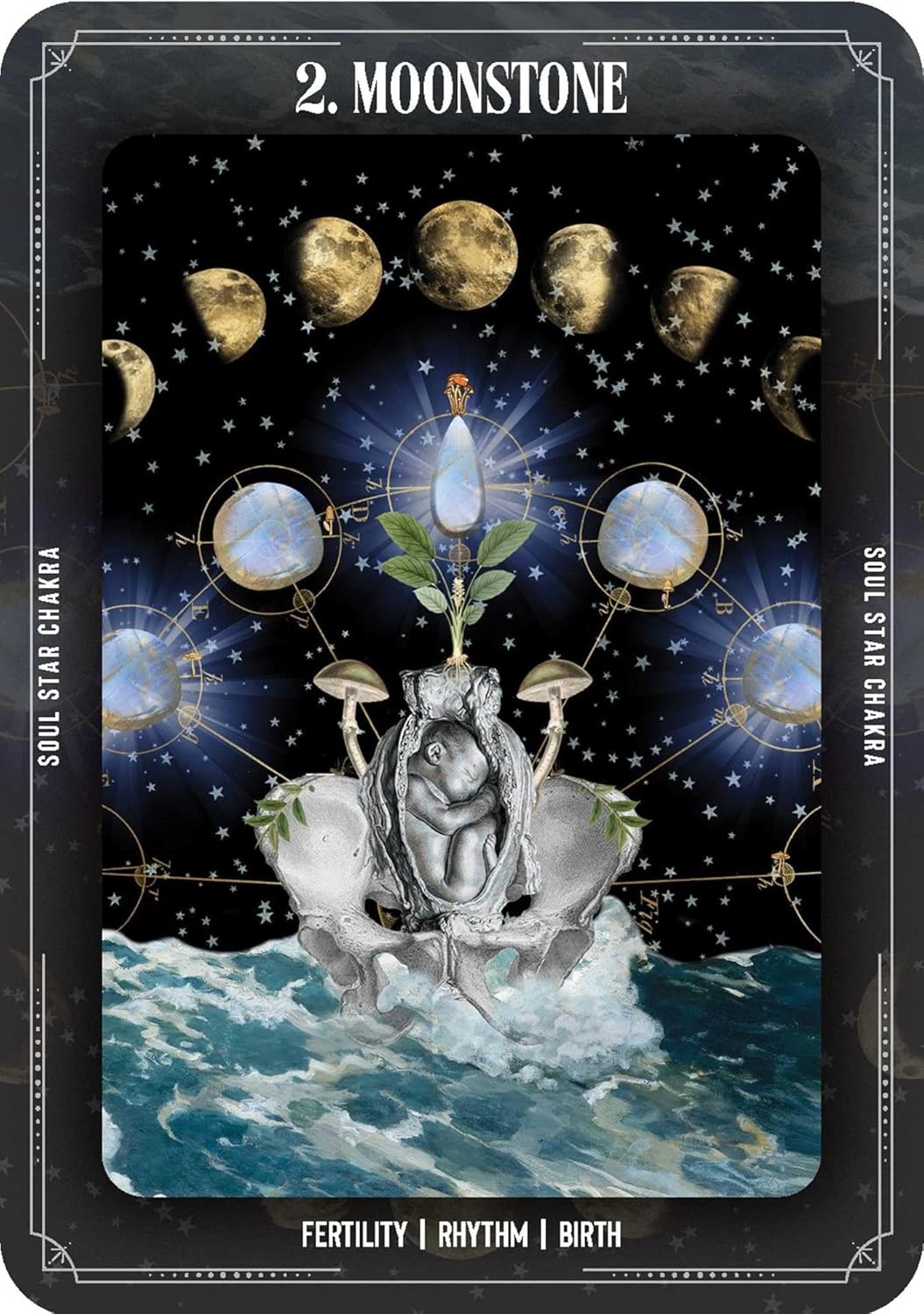 Card featuring moon phases and a central moonstone, with astrological symbols and a mystical design.