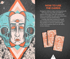 A styled flat-lay of a tarot deck's packaging or booklet cover, featuring a highly detailed, stylized illustration of a face inside a teal and orange geometric skull design on the left, and text instructions titled 'HOW TO USE THE CARDS' on the right, alongside three sample cards on a dark textured background.