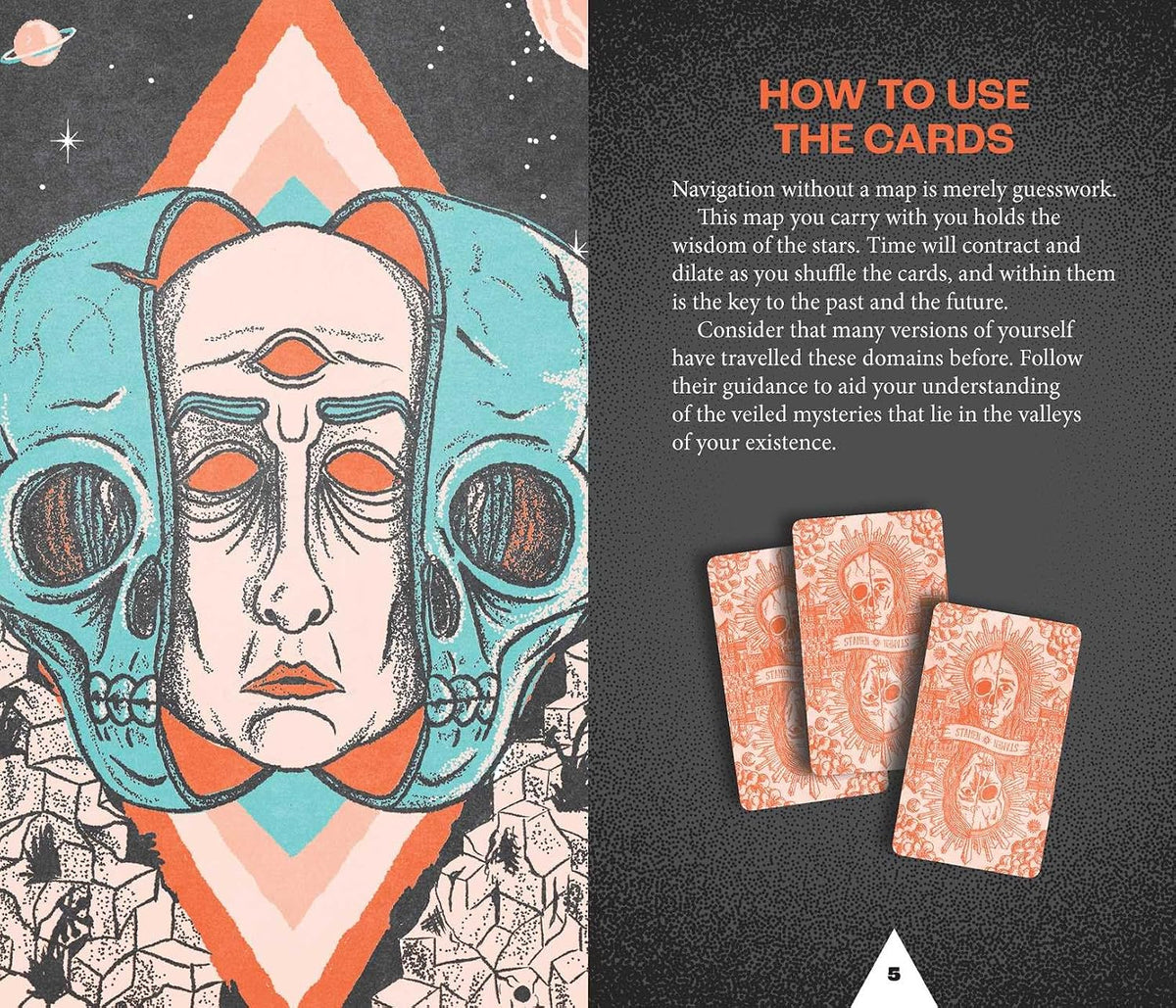 A styled flat-lay of a tarot deck's packaging or booklet cover, featuring a highly detailed, stylized illustration of a face inside a teal and orange geometric skull design on the left, and text instructions titled 'HOW TO USE THE CARDS' on the right, alongside three sample cards on a dark textured background.
