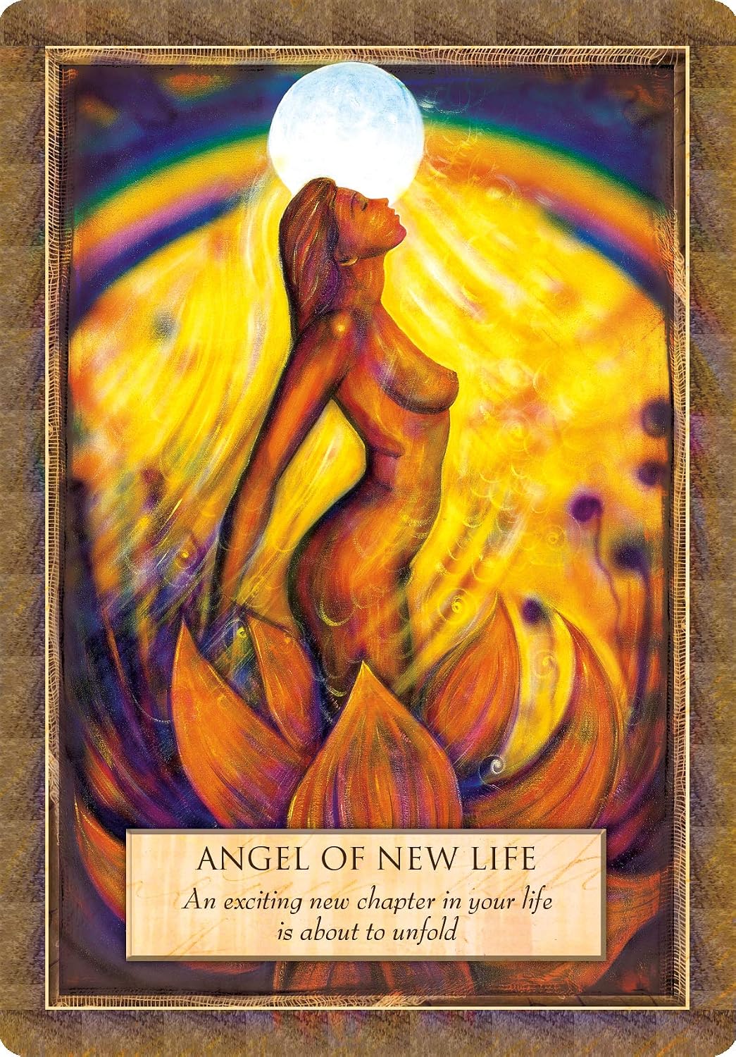 Artistic depiction of an angel with a rainbow background and text about new life.