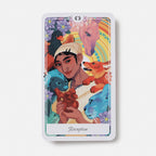 Colorful tarot card featuring a person surrounded by animals with 'Receptive' text on a white background