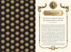 A book or booklet spread showing a black cover patterned with repeating gold sunburst motifs on the left, and an ornate cream page titled 'Introduction' with text on the right.