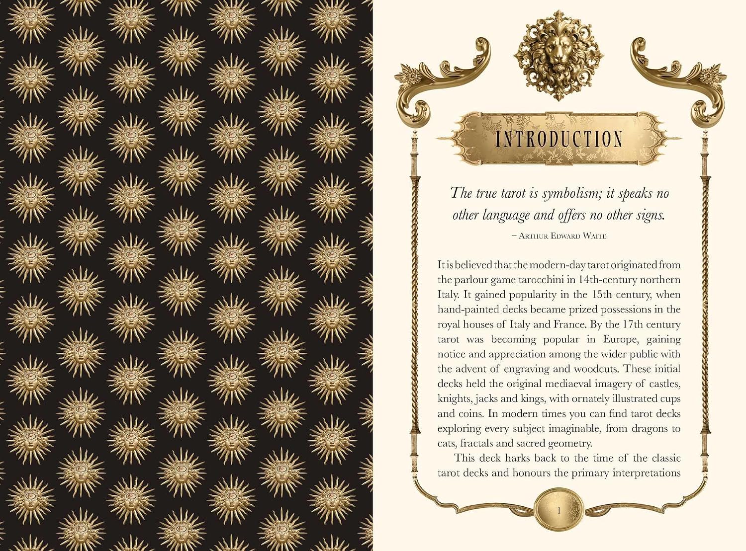 A book or booklet spread showing a black cover patterned with repeating gold sunburst motifs on the left, and an ornate cream page titled 'Introduction' with text on the right.