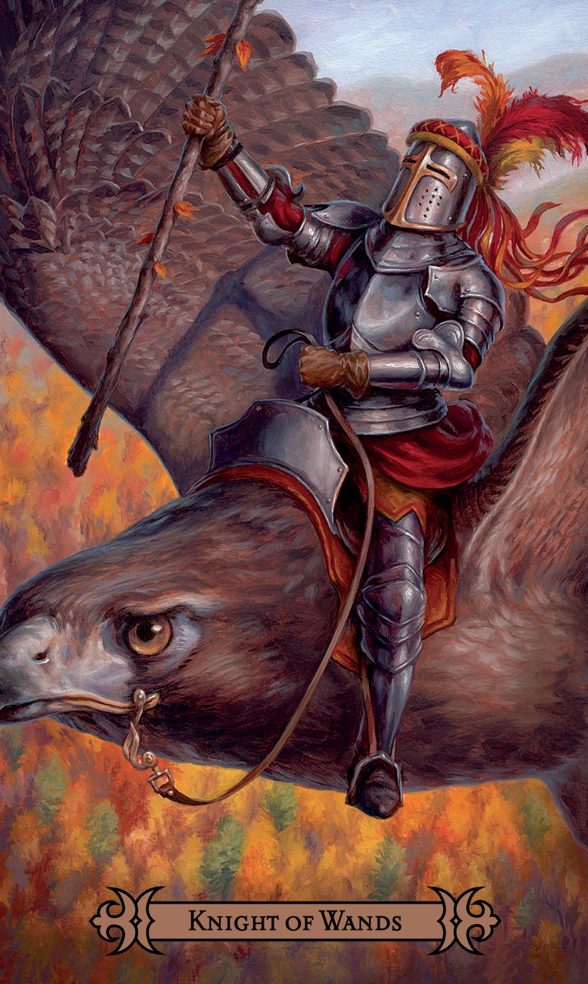 Knight in armor riding a large eagle with a colorful background