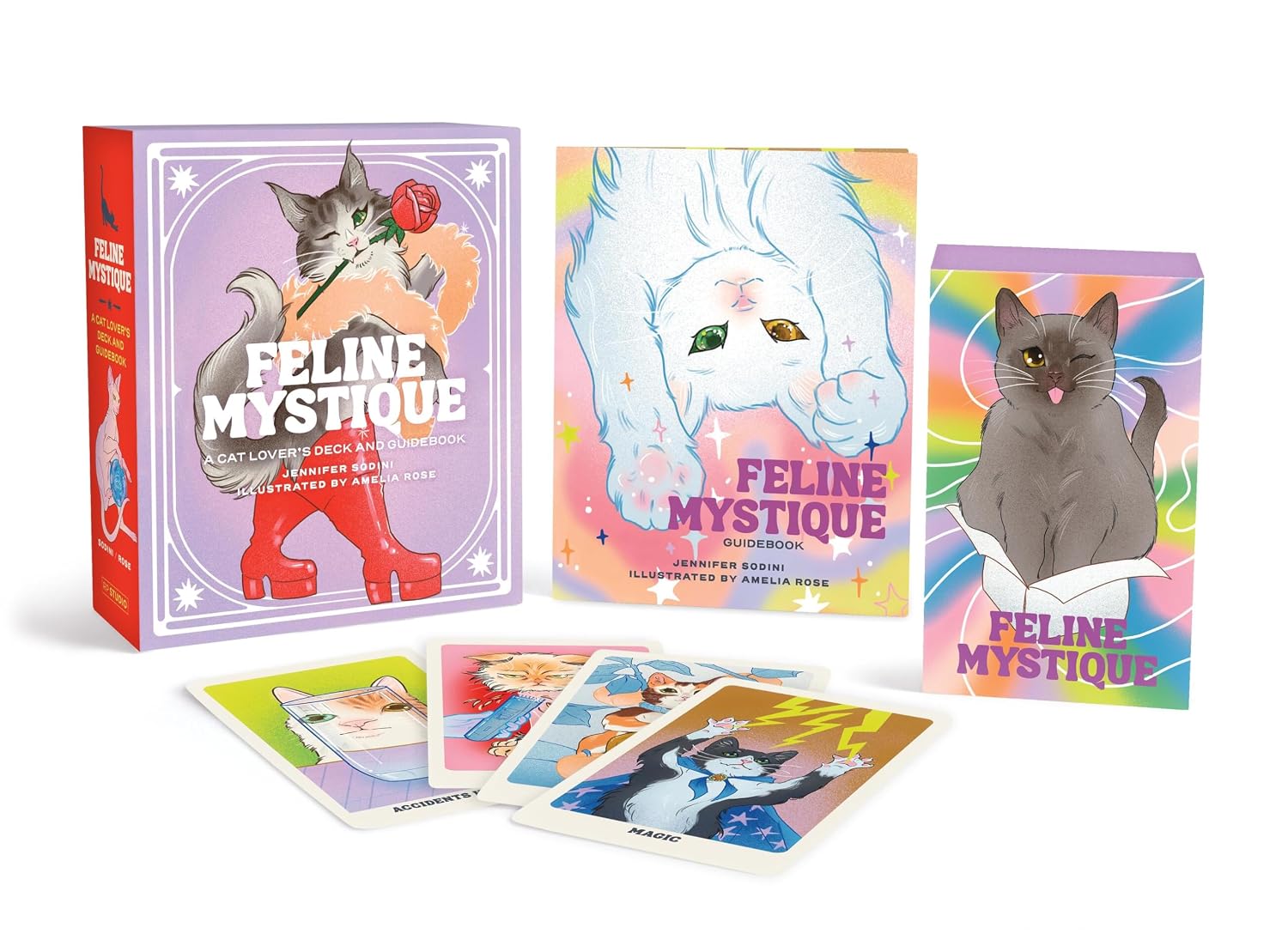 Feline Mystique card game packaging with colorful illustrations of cats on a white background