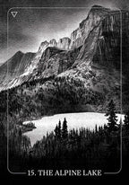 Black and white illustration of a mountain landscape with a lake and trees.