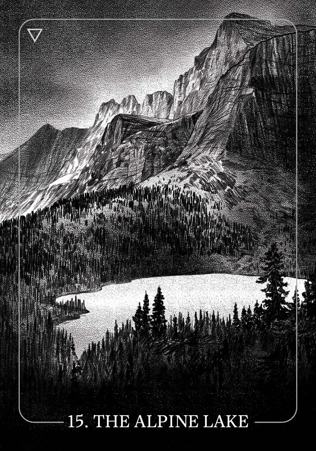 Black and white illustration of a mountain landscape with a lake and trees.