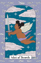 Tarot card illustration titled 'Infant of Swords' featuring a winged child figure holding a sword against a blue sky with clouds, framed by a lavender decorative border.