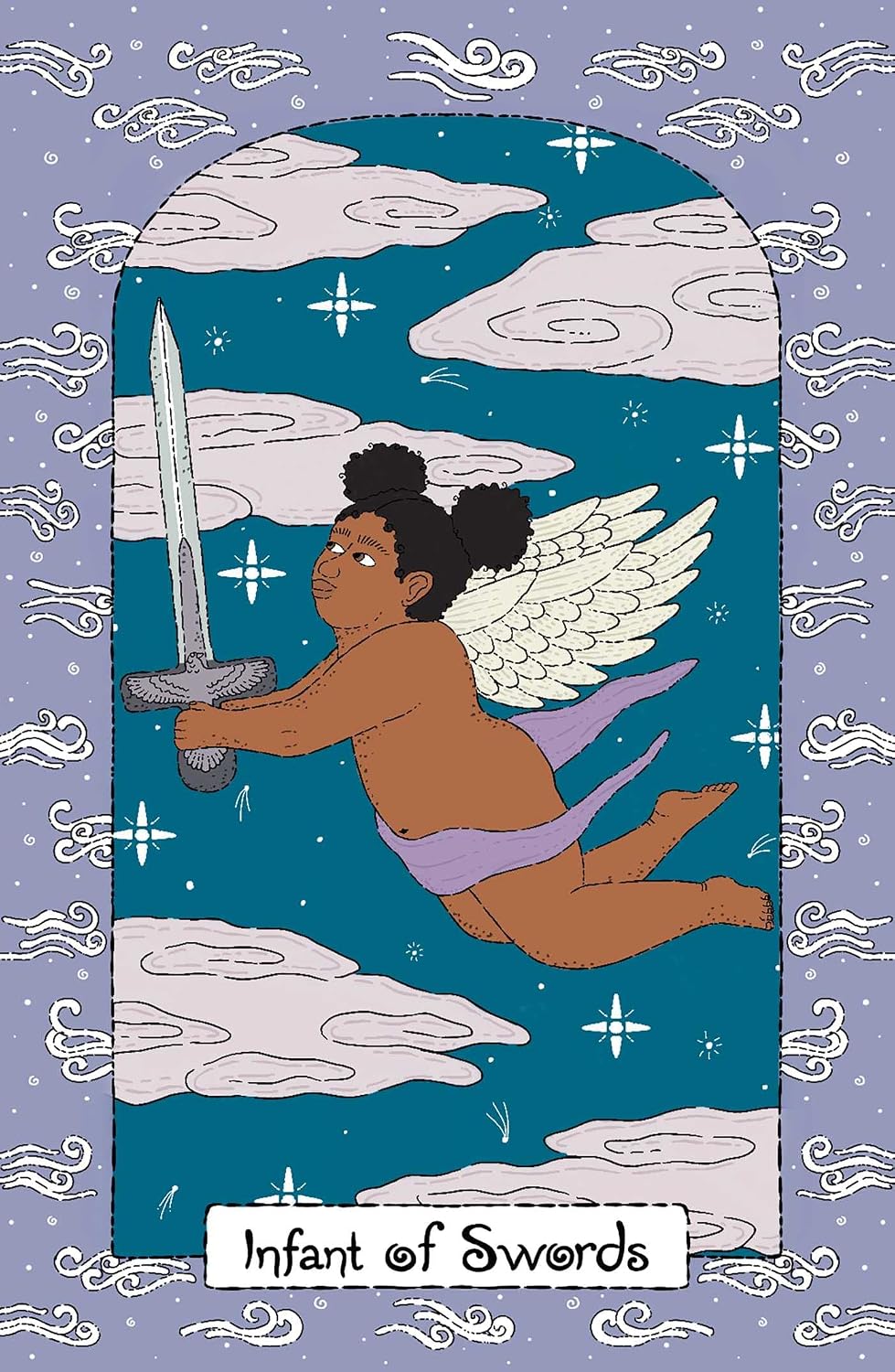 Tarot card illustration titled 'Infant of Swords' featuring a winged child figure holding a sword against a blue sky with clouds, framed by a lavender decorative border.
