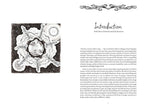 Book page with black and white illustration and text on a white background