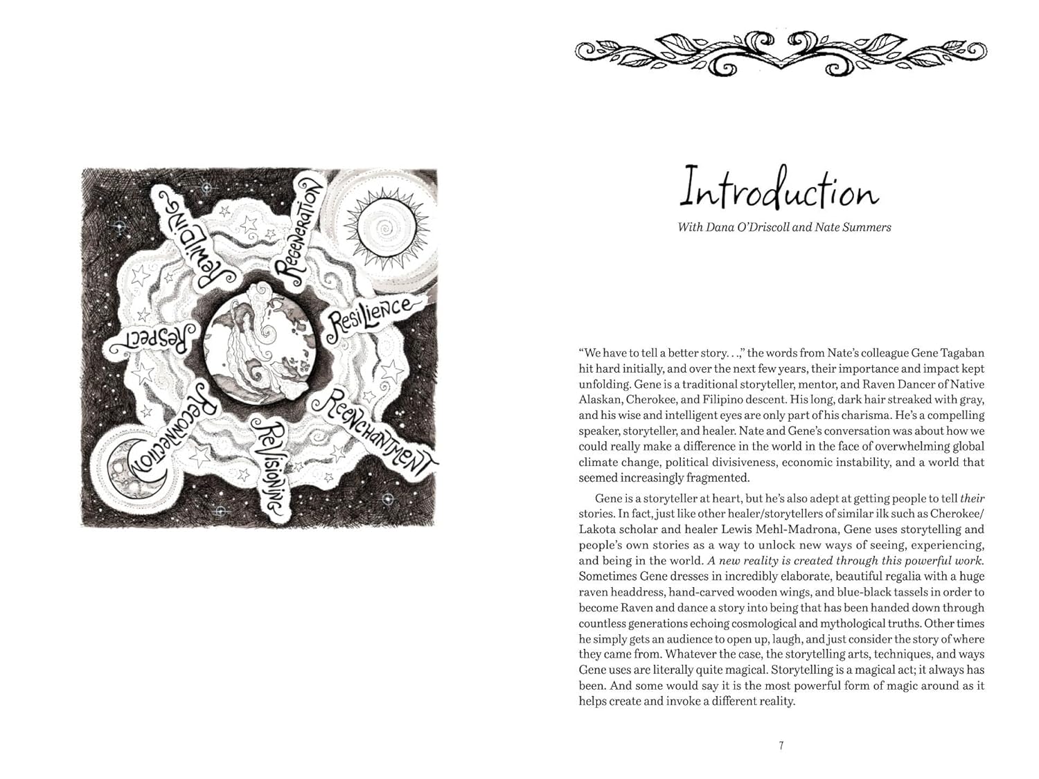 Book page with black and white illustration and text on a white background